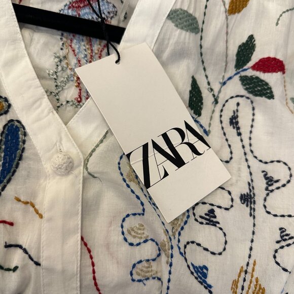 White Cotton Blouse w/ Colorful Embroidery - Picture 6 of 9